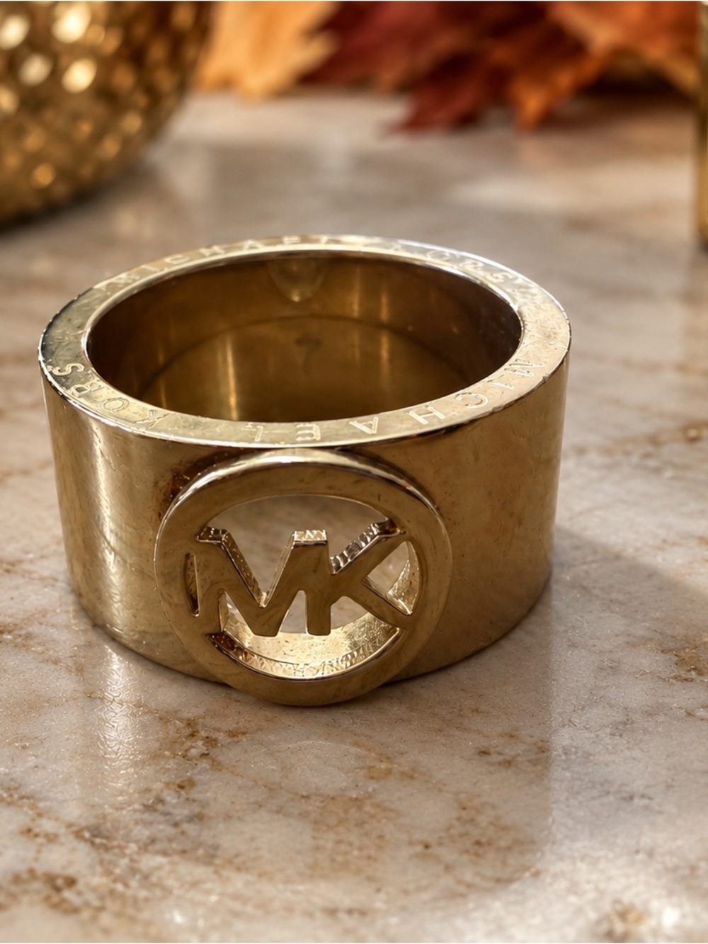 Michael Kors Fulton Gold-Tone Logo Stainless Steel Ring Size 6.5 VGUC